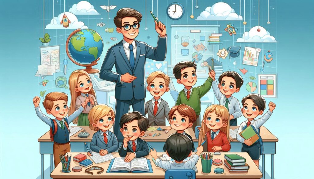 教室で笑顔の子どもたちと教師が学びを楽しむ様子を描いたイラスト。背景には地球儀や教育アイコンが並び、デジタル化と未来の教育を象徴している。