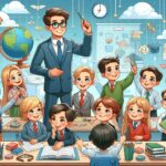 教室で笑顔の子どもたちと教師が学びを楽しむ様子を描いたイラスト。背景には地球儀や教育アイコンが並び、デジタル化と未来の教育を象徴している。