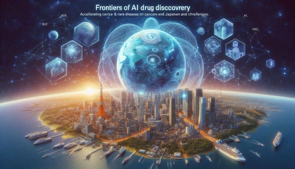 2025年AI創薬の最前線を象徴する未来都市とデジタル地球儀。がんや希少疾患の研究を加速させる人工知能の可能性を表現。