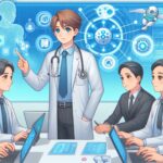 医師と専門家たちが会議でヘルスケアAIエージェントの導入について議論する様子。デジタルパネルに映し出された人体データとAI技術のイラスト