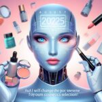 AIロボットが化粧品を選んでいる未来的なイラスト。リップやファンデーション、スキンケア用品が浮かび上がり、AIがパーソナライズされたコスメ選びをサポートしている様子