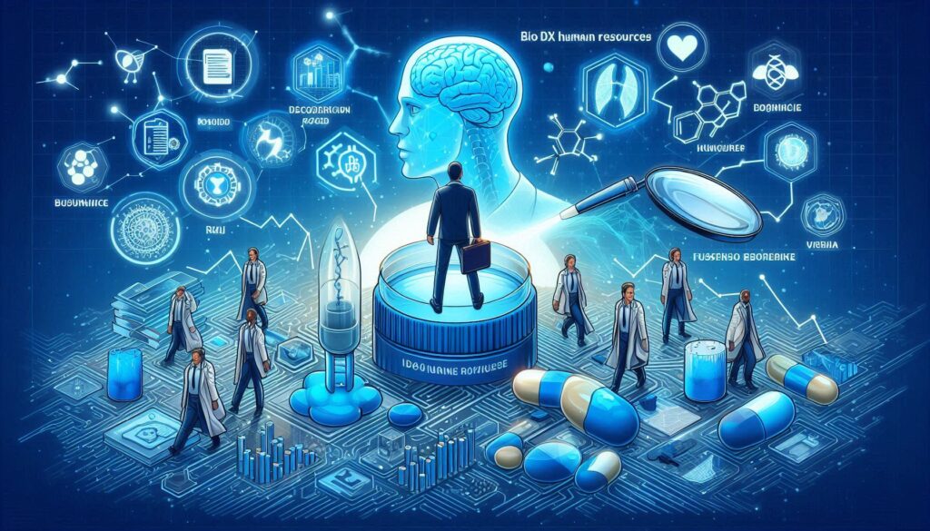 バイオDX人材とAI創薬の未来を象徴する製薬業界のイメージイラスト
