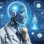 AIロボットが医療情報を解析する未来の医療現場を描いた画像。医療者とAIのインターフェースが描かれ、GPT-5が示唆する新しい医療リテラシーが注目されています。