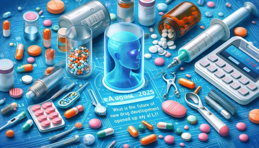 AIと創薬の未来を象徴するイメージ。カプセルや注射器、錠剤に囲まれた中央にAIの人型ホログラムが浮かび、新薬開発におけるAIの可能性を表現している。