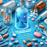 AIと創薬の未来を象徴するイメージ。カプセルや注射器、錠剤に囲まれた中央にAIの人型ホログラムが浮かび、新薬開発におけるAIの可能性を表現している。