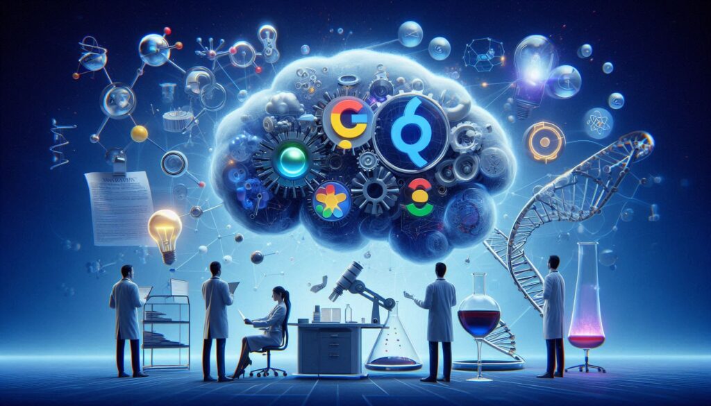 次世代AIと医療研究の融合を象徴するビジュアル。クラウド状の脳とGoogle関連ロゴ、研究者、DNA構造、薬剤が描かれた未来的な研究室風景