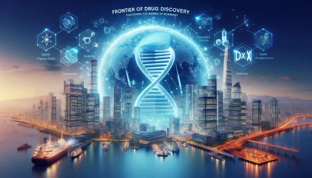 DNAの二重らせんを中心に、都市と海にまたがる創薬の未来都市が描かれ、連合学習や医療研究のアイコンが浮かぶ。