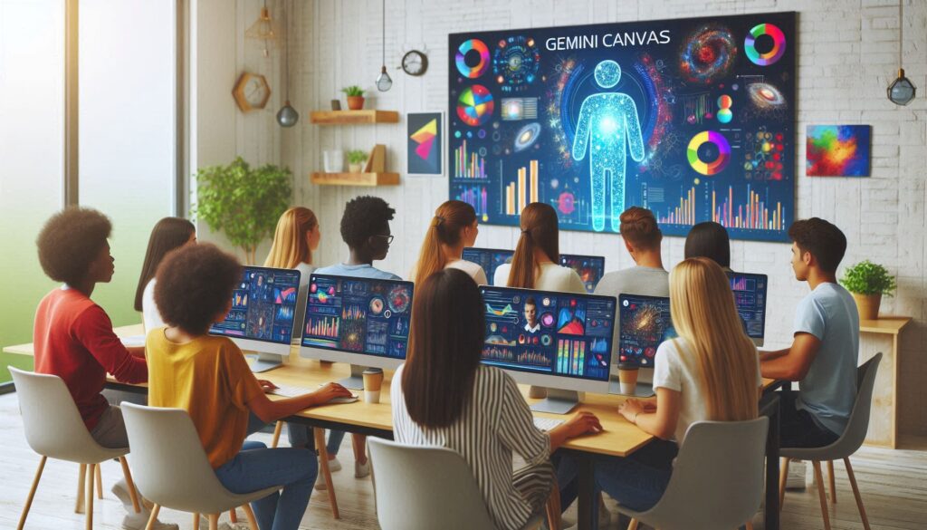 「教室で学生たちがPCを使い、Gemini Canvasを学習する様子。大型スクリーンにデータ可視化とAIアプリ開発画面が映し出されている。」