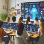 「教室で学生たちがPCを使い、Gemini Canvasを学習する様子。大型スクリーンにデータ可視化とAIアプリ開発画面が映し出されている。」