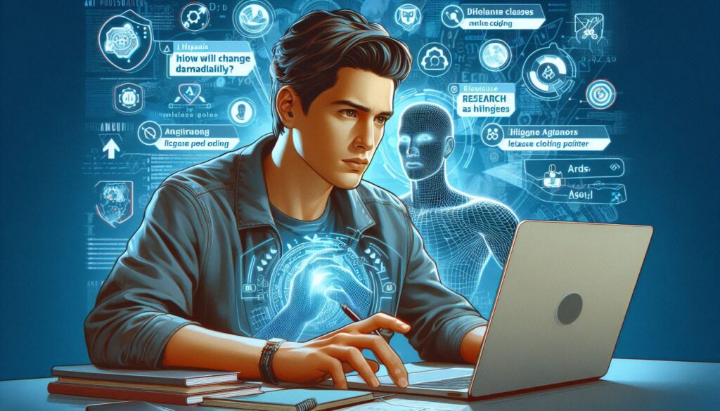 AIコーディングエージェント「Google Jules」を使って研究や授業の効率を高める様子を描いたイラスト。ノートパソコンに向かう人物と背後のAIインターフェース