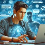 AIコーディングエージェント「Google Jules」を使って研究や授業の効率を高める様子を描いたイラスト。ノートパソコンに向かう人物と背後のAIインターフェース