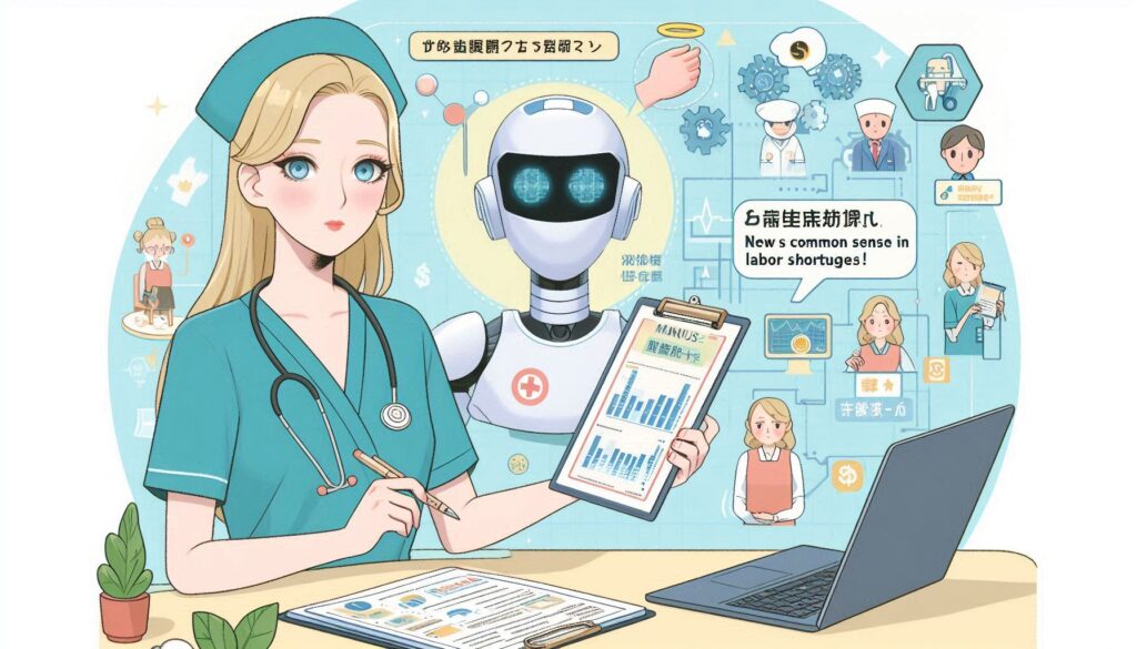 介護現場の人手不足を解決する汎用AIエージェント「Manus」を活用する看護師とロボットのイラスト。AIと医療スタッフが協働する未来型介護DXのイメージ