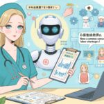 介護現場の人手不足を解決する汎用AIエージェント「Manus」を活用する看護師とロボットのイラスト。AIと医療スタッフが協働する未来型介護DXのイメージ