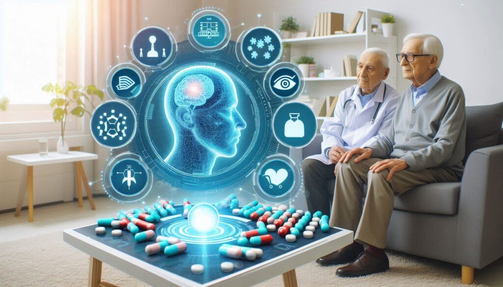 高齢者と医師がソファに座り、AIによる脳と薬の可視化インターフェースが前方に表示されている医療シーン