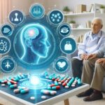 高齢者と医師がソファに座り、AIによる脳と薬の可視化インターフェースが前方に表示されている医療シーン