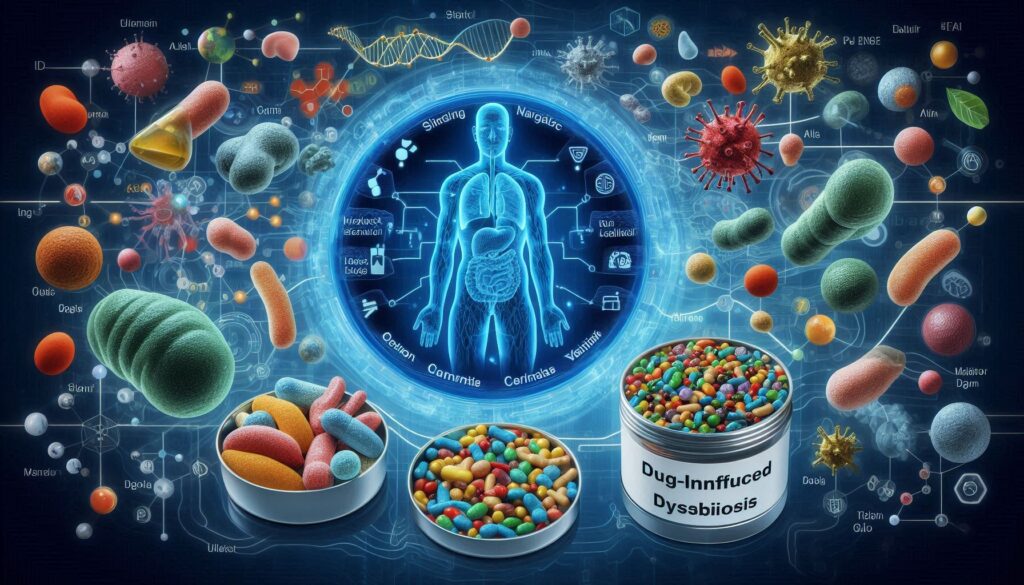 人体シルエットと腸内細菌、カプセルや薬剤のイラストが並ぶ。AIによる薬剤性ディスバイオーシス予測と腸内細菌の相互作用を象徴するイメージ