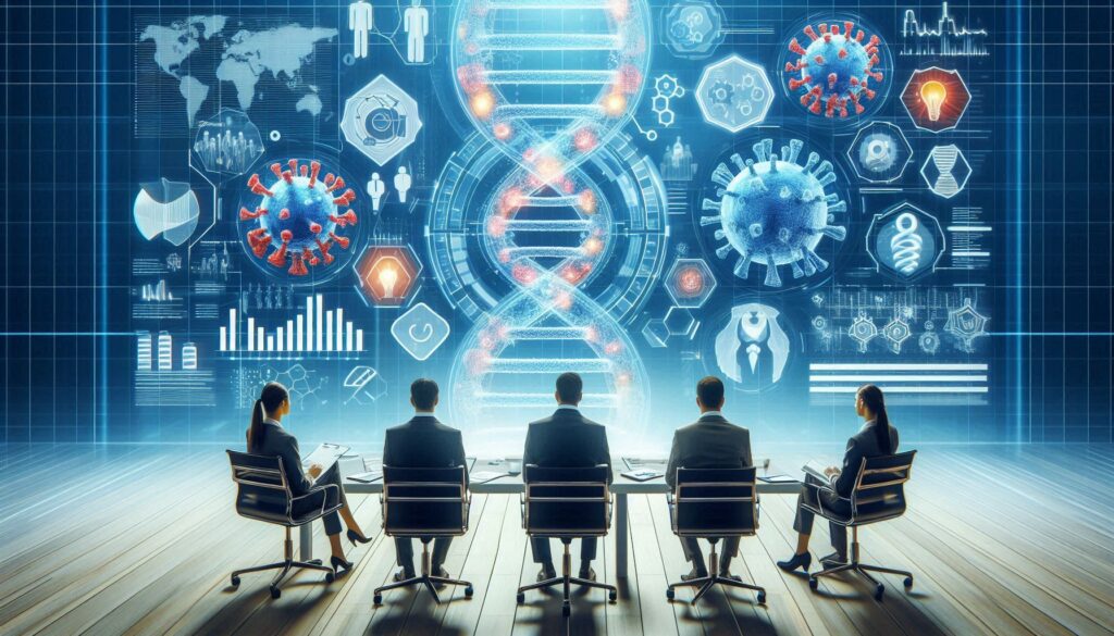 専門家たちがDNAとウイルスの巨大なデジタル解析画面を前に議論する様子。GPT-5が医療研究と臨床に与える影響を象徴