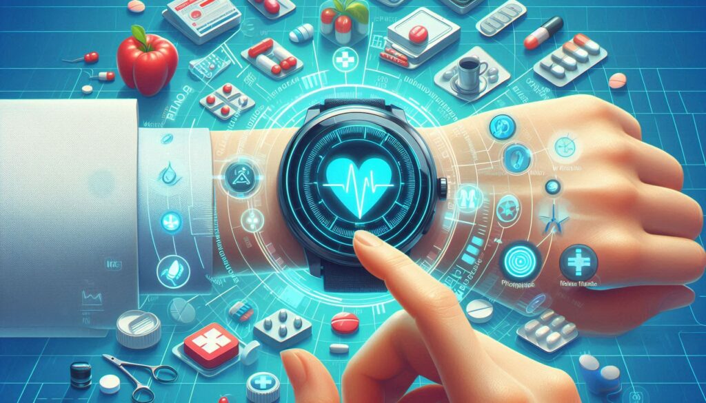 スマートウォッチを通じて心拍や健康データをモニタリングする様子。周囲には薬や栄養、医療アイコンが浮かび、PHR（パーソナルヘルスレコード）の活用を象徴している。