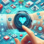 スマートウォッチを通じて心拍や健康データをモニタリングする様子。周囲には薬や栄養、医療アイコンが浮かび、PHR（パーソナルヘルスレコード）の活用を象徴している。