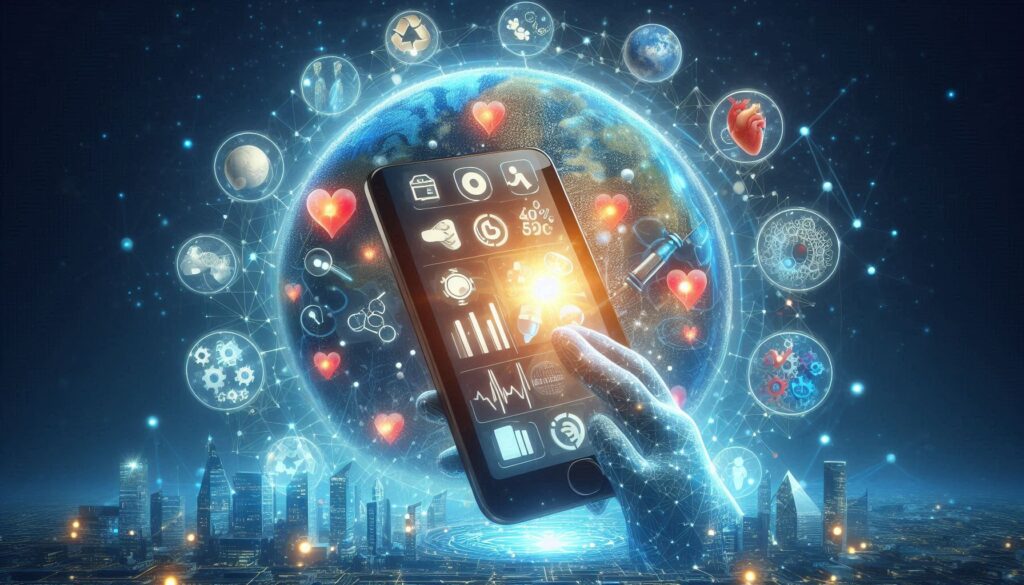 スマートフォンアプリとデジタル技術が糖尿病治療を支援する未来的なイメージ