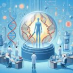 ゲノム編集とAIが融合する未来医療をイメージしたイラスト。DNA二重らせんと人型シルエットを中心に、研究者たちが解析を行う様子