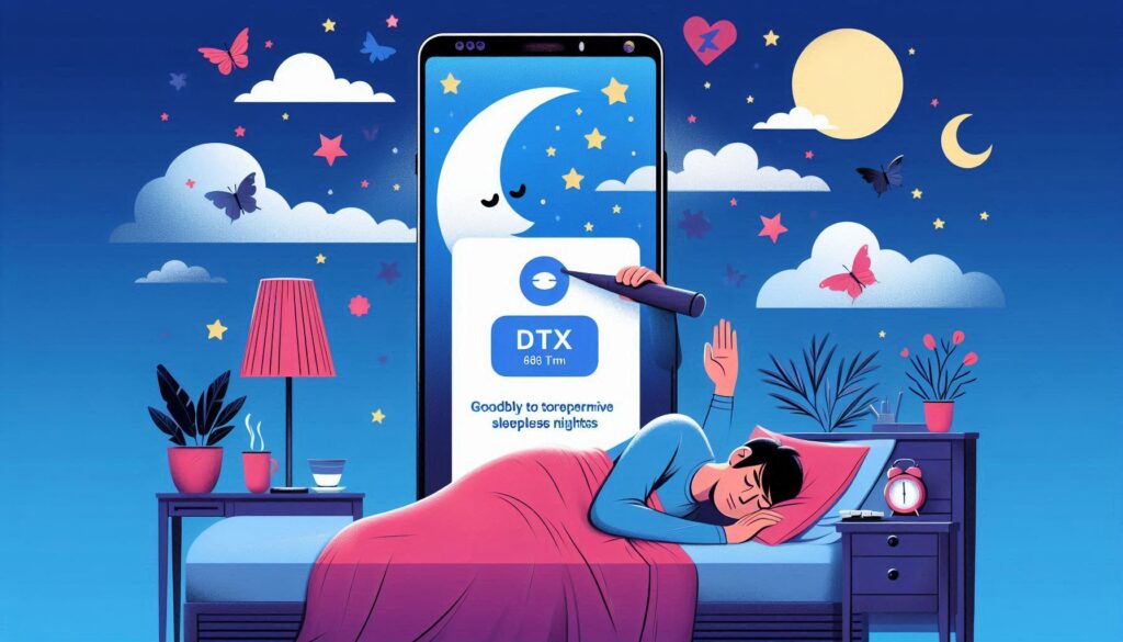 スマホアプリによるデジタル治療で睡眠障害を改善する様子を描いたイラスト。ベッドで眠る人と、夜空に浮かぶ月や星、DTxアプリ画面が表現されている。