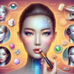 AIと化粧品の融合を象徴するビジュアル。女性の顔にデジタル回路が重なり、周囲にコスメとAIロボットのアイコンが配置されている。