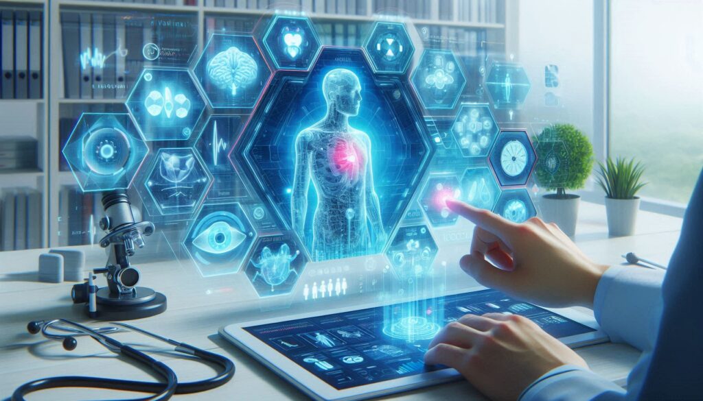 医療DXとAIツール「Dify」による病院業務の効率化を表現した未来的なデジタル医療イメージ
