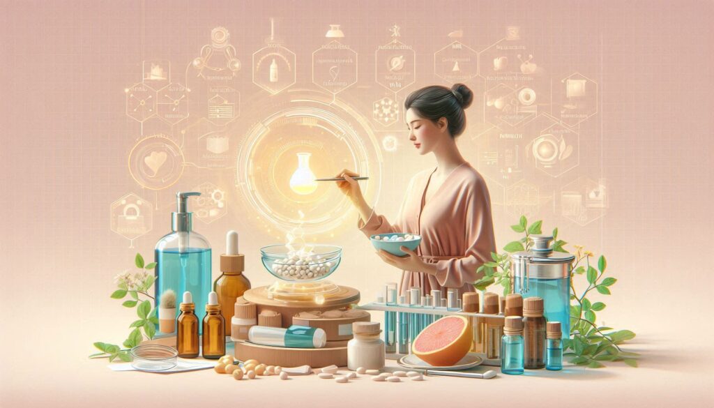 化粧品成分NMNの効果と科学的根拠を研究する女性研究者と美容成分