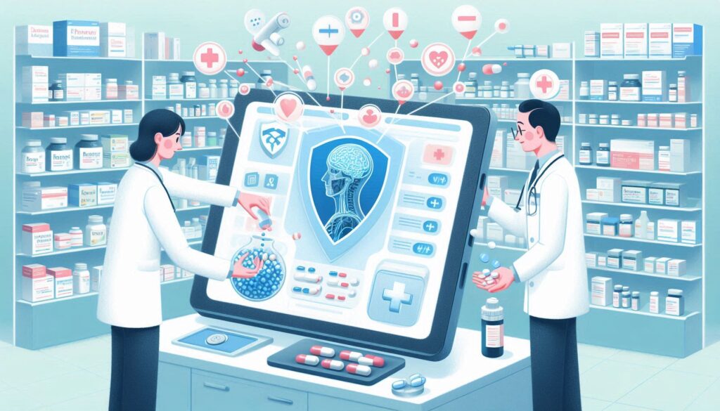 AIを活用して薬剤師が風邪薬を選ぶ場面をイメージしたイラスト。薬局内でデジタル画面を用いて市販薬の適切な選び方を解説している様子