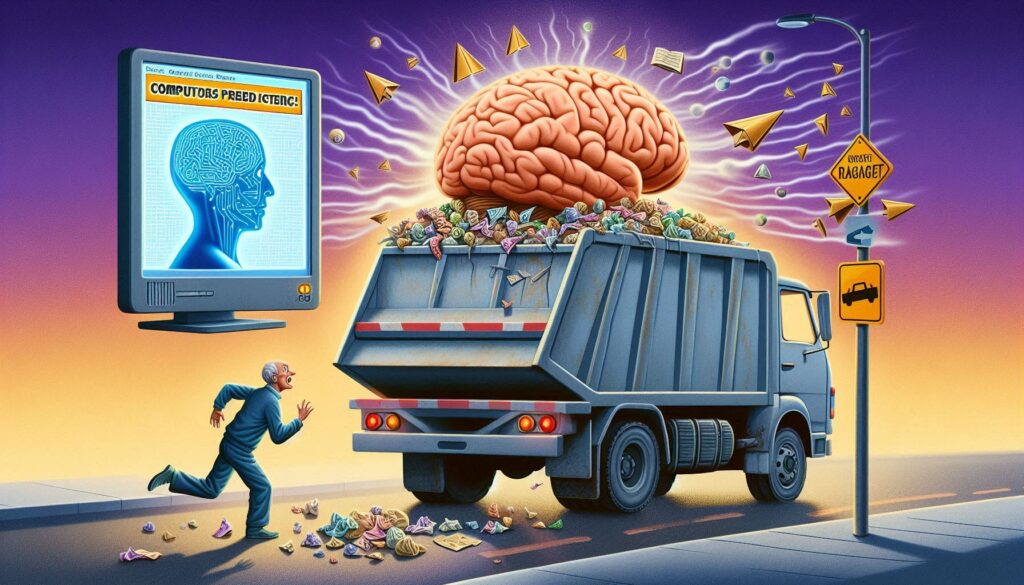 脳のゴミ収集をイメージしたイラスト。トラックが不要な物質を運び出し、アルツハイマー病治療の可能性を示している。