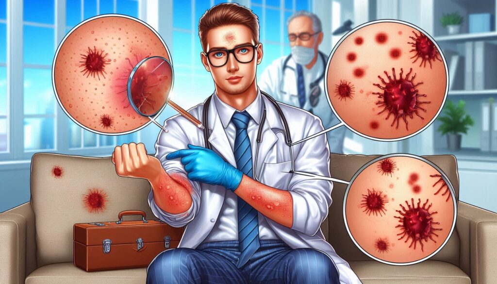 「アトピー性皮膚炎の患者を診察する医師と皮膚の炎症部位を拡大したイラスト」