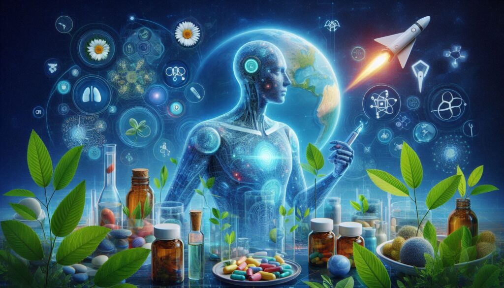 AIが天然成分を解析し新しい薬を創薬する未来イメージ。植物由来成分とデータ解析を組み合わせた次世代の創薬アプローチ