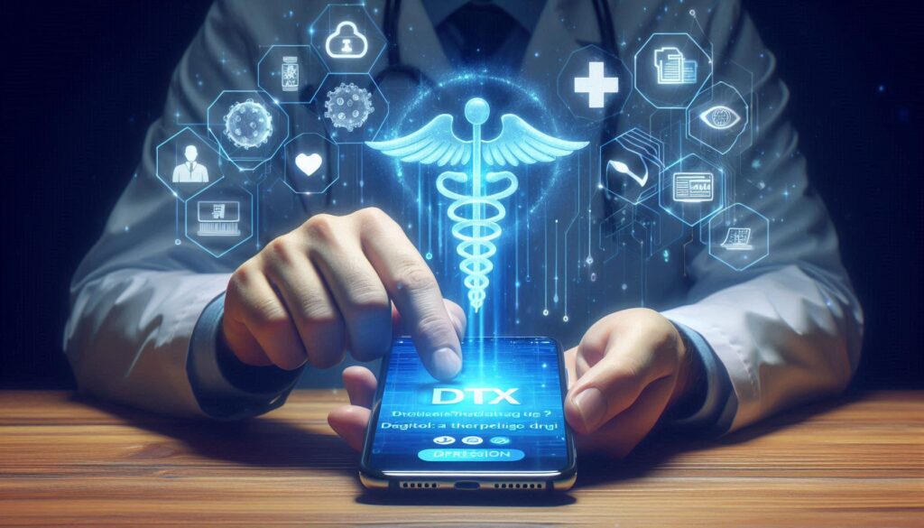 医師がスマホアプリを操作し、浮かび上がる医療シンボルとDTx（デジタル治療薬）の概念を示す未来的なイラスト