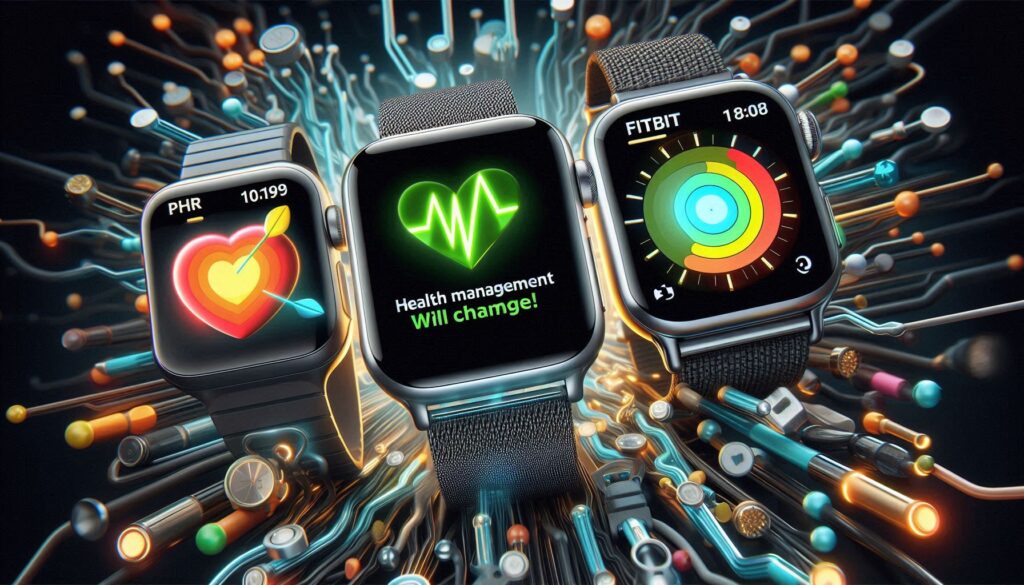 Apple Watch、Pixel Watch、Fitbitの3種類のスマートウォッチが並び、PHR（パーソナル・ヘルス・レコード）と連携した健康管理の進化を象徴する未来的なイメージ