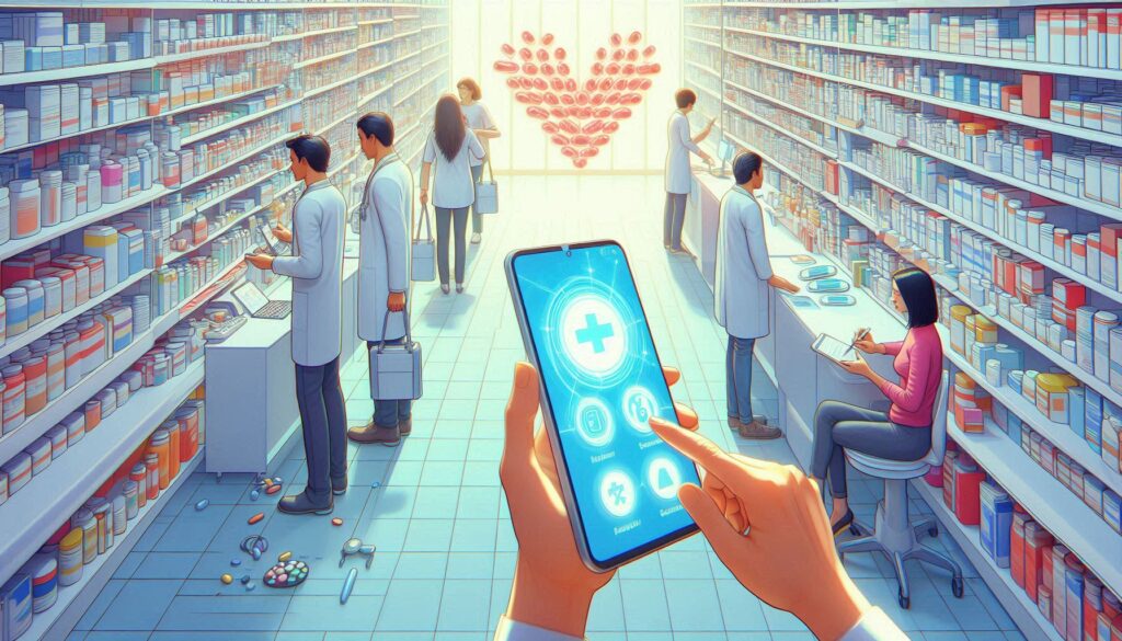 スマホで薬局サービスを利用する未来。薬剤師と患者がデジタル技術でつながるドラッグストアの変革イメージ。