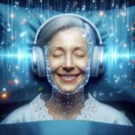 ヘッドフォンをつけてリラックスする女性の笑顔。AI音楽による睡眠改善とストレス解消をイメージした未来的ビジュアル