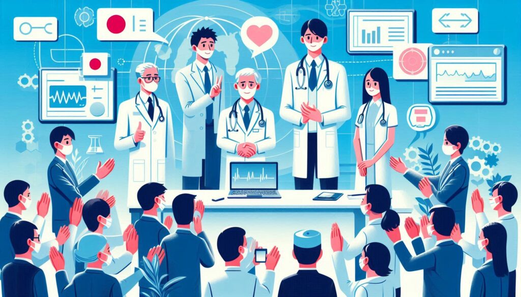 日本の医療制度をめぐる専門家会議。医師や政策担当者が議論し、聴衆が注目する様子のイラスト