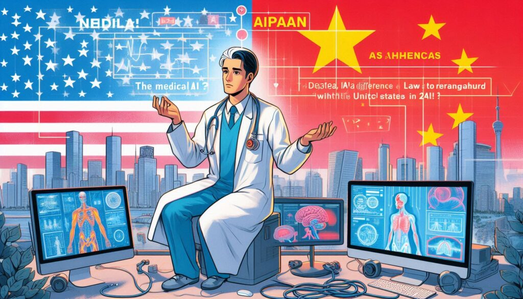 米国と中国の医療AIを比較する医師。日本の医療AIの遅れと国際的な差を象徴するイメージ。