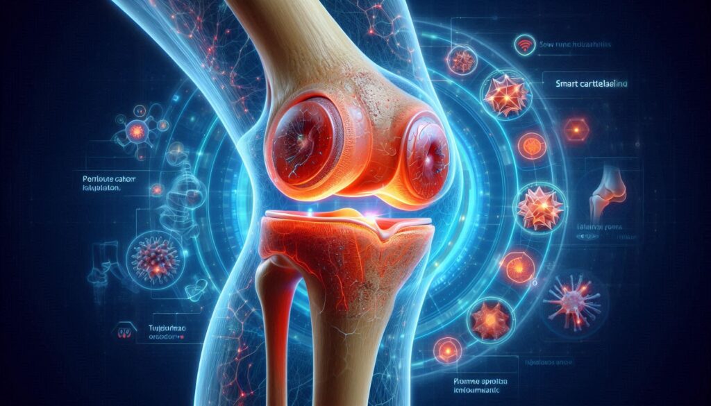 未来医療の象徴として描かれた「スマート軟骨」のイメージ。変形性膝関節症の治療を革新する次世代バイオテクノロジー