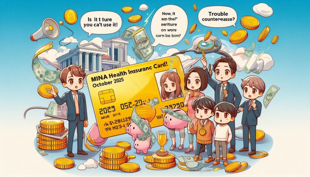 025年のマイナ保険証制度をテーマに、大きな保険証カードを囲んで、お金や将来について不安を感じている家族と説明する役人を描いたイラスト