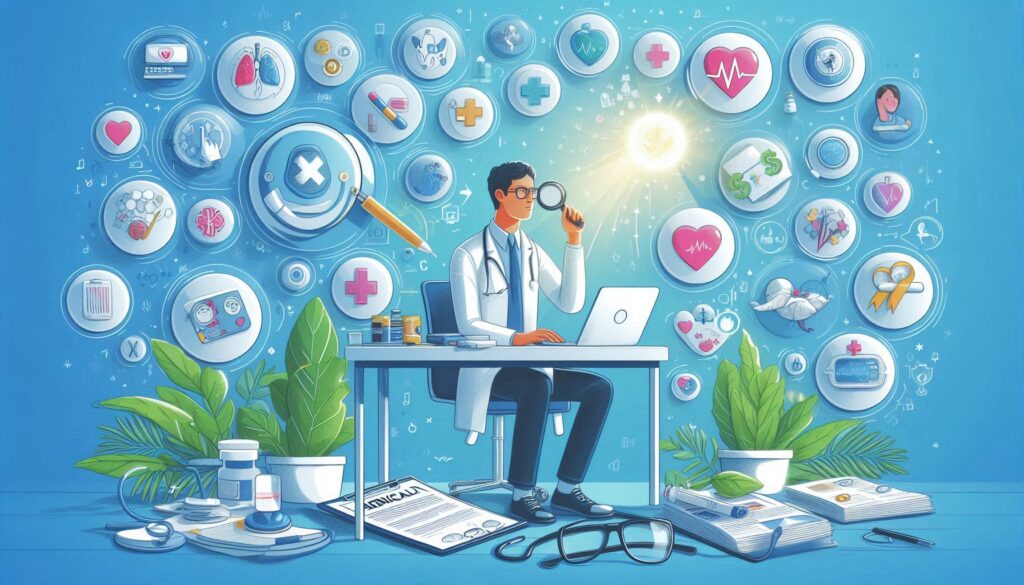 パソコンで医療データを解析する医師と、周囲に広がるAIやデジタル医療のアイコンを描いたイラスト