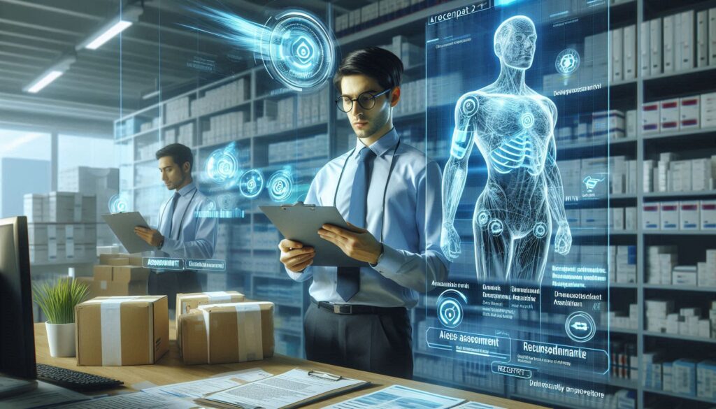 レセプト請求業務を支援するAIエージェントのイメージ。薬剤師が未来的なホログラムで人体データと請求内容を照合している。