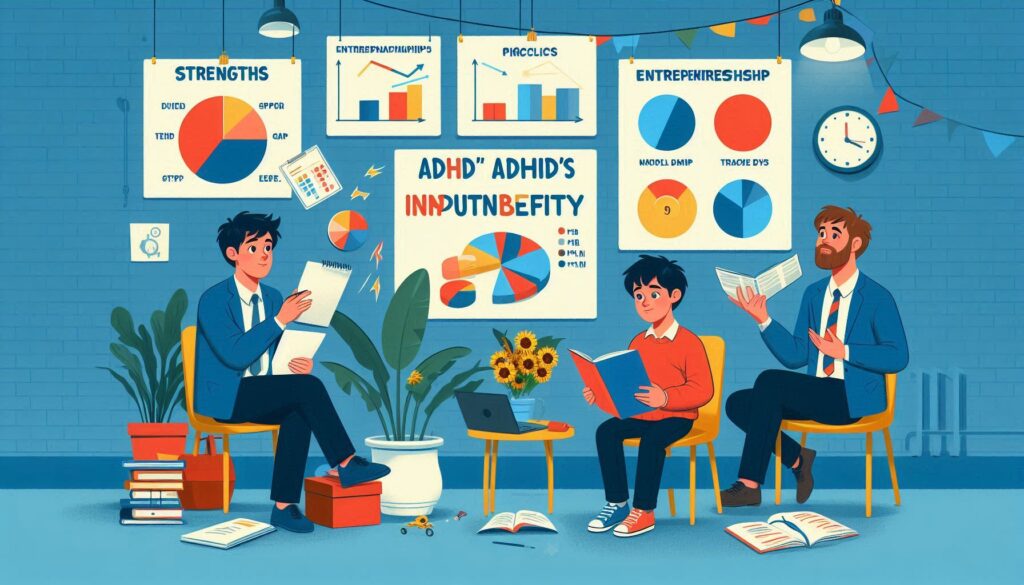 ADHDの特性を活かして起業や学習に取り組む3人の男性。ドーパミンや衝動性、集中力、創造性を表すグラフや円グラフが壁に貼られ、彼らの強みと可能性を示唆している。