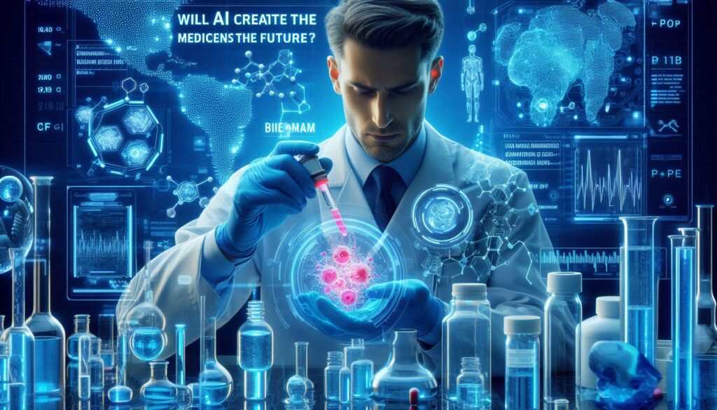AI創薬プラットフォーム「BioNeMo」を活用し、未来の薬の分子設計を行う研究者のイメージ。実験室でAIと分子構造解析が融合する様子