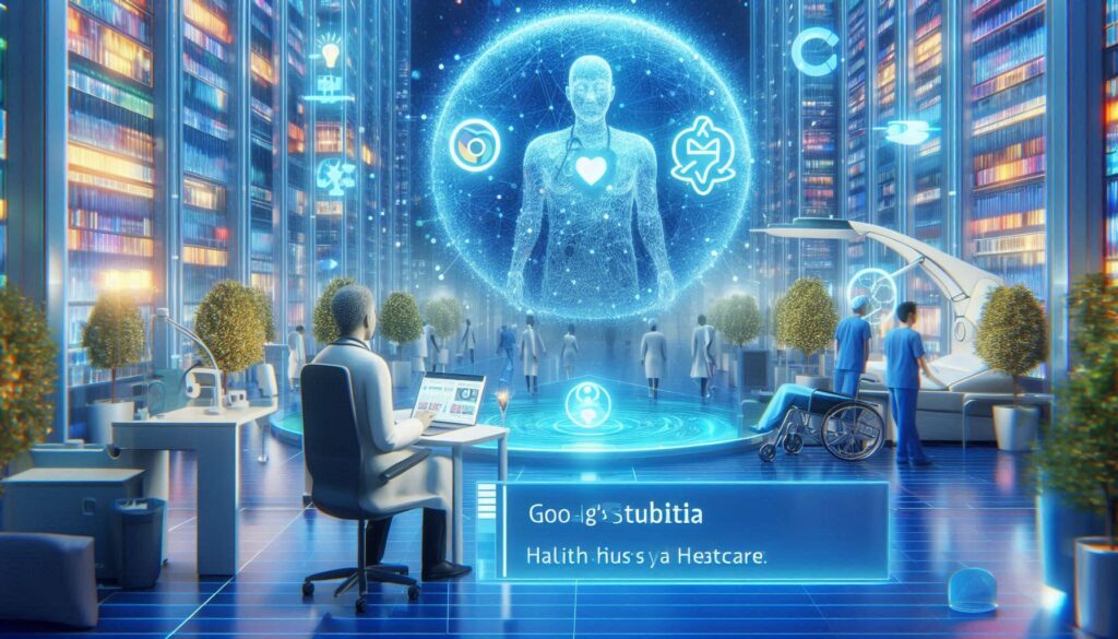 未来の病院をイメージしたイラスト。GoogleのAI技術によるデジタル医療と、ホログラムで映し出された人体モデル