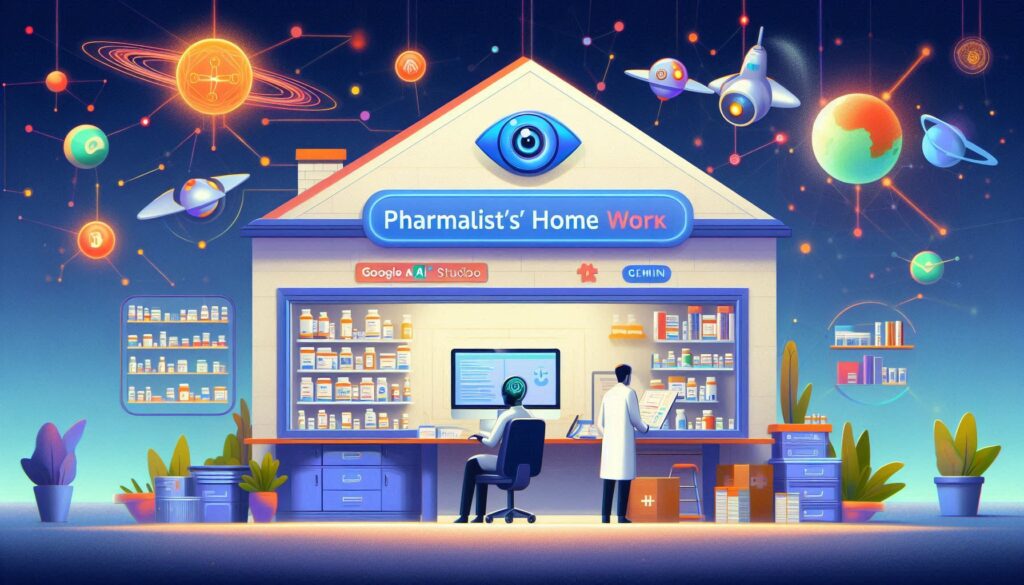 夜空に浮かぶ薬局の家型建物のイラスト。建物内では薬剤師がコンピューターに向かい、AI(Gemini)が報告書作成や服薬指導をサポートしている様子。周囲には惑星や宇宙船、AIと繋がるネットワークが描かれ、未来の在宅医療を示唆している。