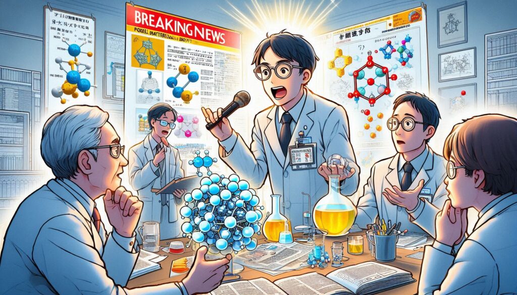 京都大学の北川進教授らが発見した「多孔性材料MOF（Metal–Organic Framework）」に関する研究発表を行う科学者たちのイラスト。2025年ノーベル化学賞受賞の様子を表現