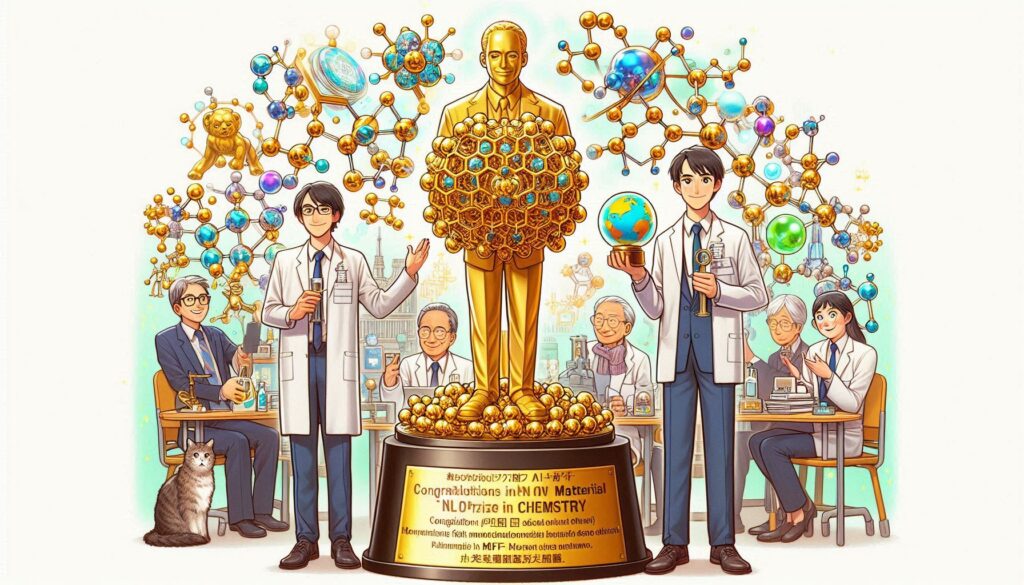ノーベル賞の金色のトロフィーを囲む日本人研究者たち。白い実験着の2人がMOF構造と地球儀を持ち、背後には分子模型とAIの概念が描かれている。
