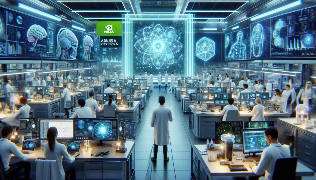 最先端AI「NVIDIA PhysicsNeMo」を活用し、多数の研究者が創薬や薬学教育のシミュレーションを行う未来型研究所のイメージ